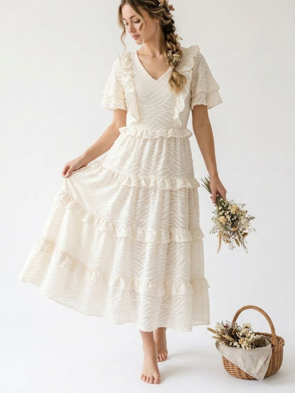 Bohme Cream Tiered Ruffle Cottagecore Boho Dress Women's Size S